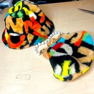Abstract Faux Fur Bucket Hat and matching bag